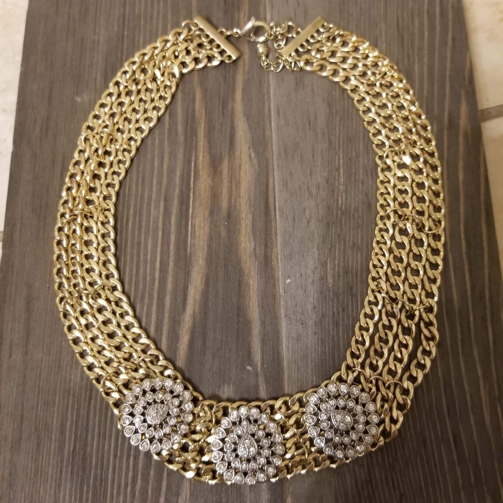 NWOT Art Deco Gold Chain & CZ Bib Necklace